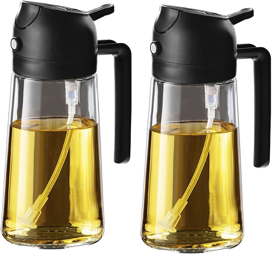 TrendPlain 16oz/470ml Glass Olive Oil Sprayer for Cooking - 2 in 1 Olive Oil Dispenser for Kitchen Gadgets, Air Fryer, Salad, and BBQ - 2 Black