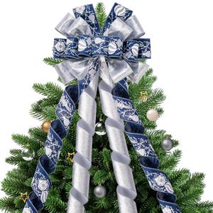 WRAPAHOLIC Large Christmas Tree Topper Bow - 13 x 52 Inch Blue and Silver Ornament Christmas Tree Topper Ribbon Bow Wreath Bows with Wired Edge for Xmas Ornament Indoor Outdoor Decoration