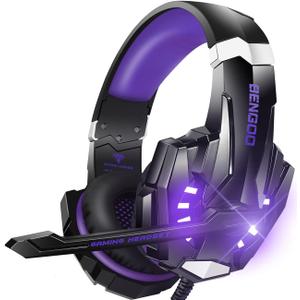 BENGOO G9000 Stereo Gaming Headset for PS5, PS4, PC, Xbox One Controller, Noise Cancelling Over Ear Headphones with Mic, LED Light, Bass Surround, Soft Memory Earmuffs - Purple