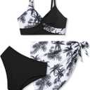 Girls Swimsuit, Bathing Suits 3 Piece Tropical Floral Twist Cross Bikini Sets Girls' Swimwear with Cover Up Skirt  (11-12 Years, Black Palm)