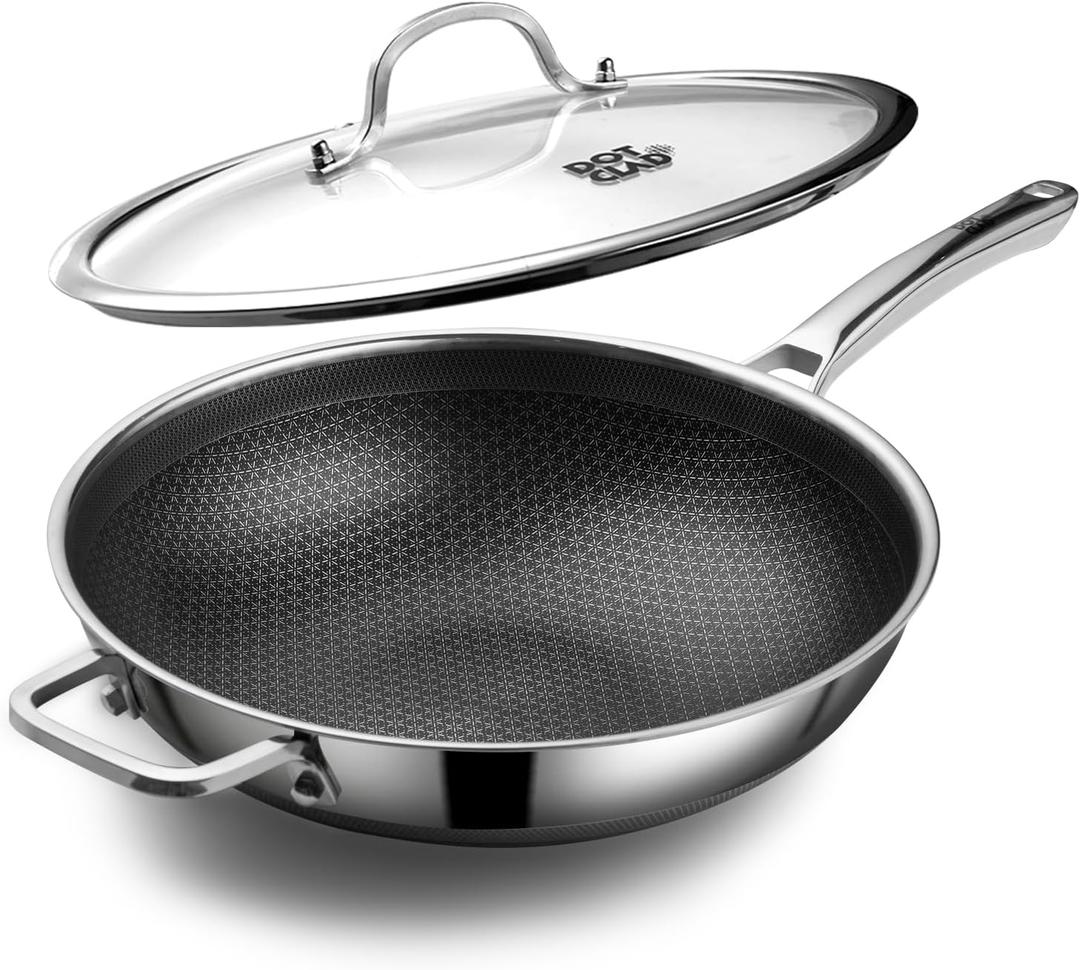 DOTCLAD Wok pan,Hybrid 12 inch Wok with Lid, PFOA Free Cookware, Non Stick Stainless Steel Woks & Stir-fry Pans Nonstick, Dishwasher and Oven Safe, Works on Induction