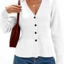 Cicy Bell Womens V Neck Cardigan Sweaters Long Sleeve Cinched Waist Knit Tops Dressy Casual Button Up Fitted Outerwear (White, M)