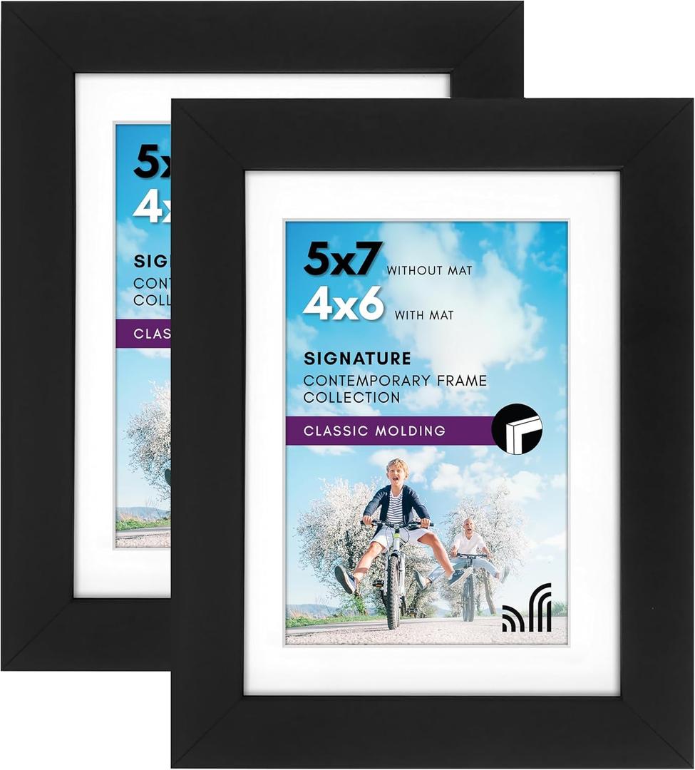 Americanflat 5x7 Picture Frame with Shatter-Resistant Glass - Set of 2 - Use as 4x6 Frame with Mat or Display 5x7 Photo Without Mat - Signature Collection - Picture Frames for Tabletop or Wall - Black (5x7, Black)