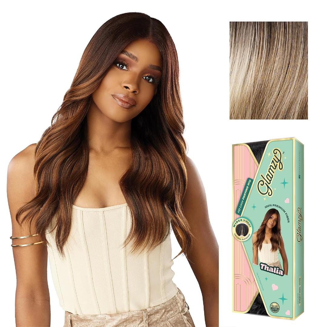 Sensationnel Glamzy Lace Part Wig - Thalia Glueless Hand Tied Wider V Parting Synthetic Hair (BALAYAGEASHBLONDE)
