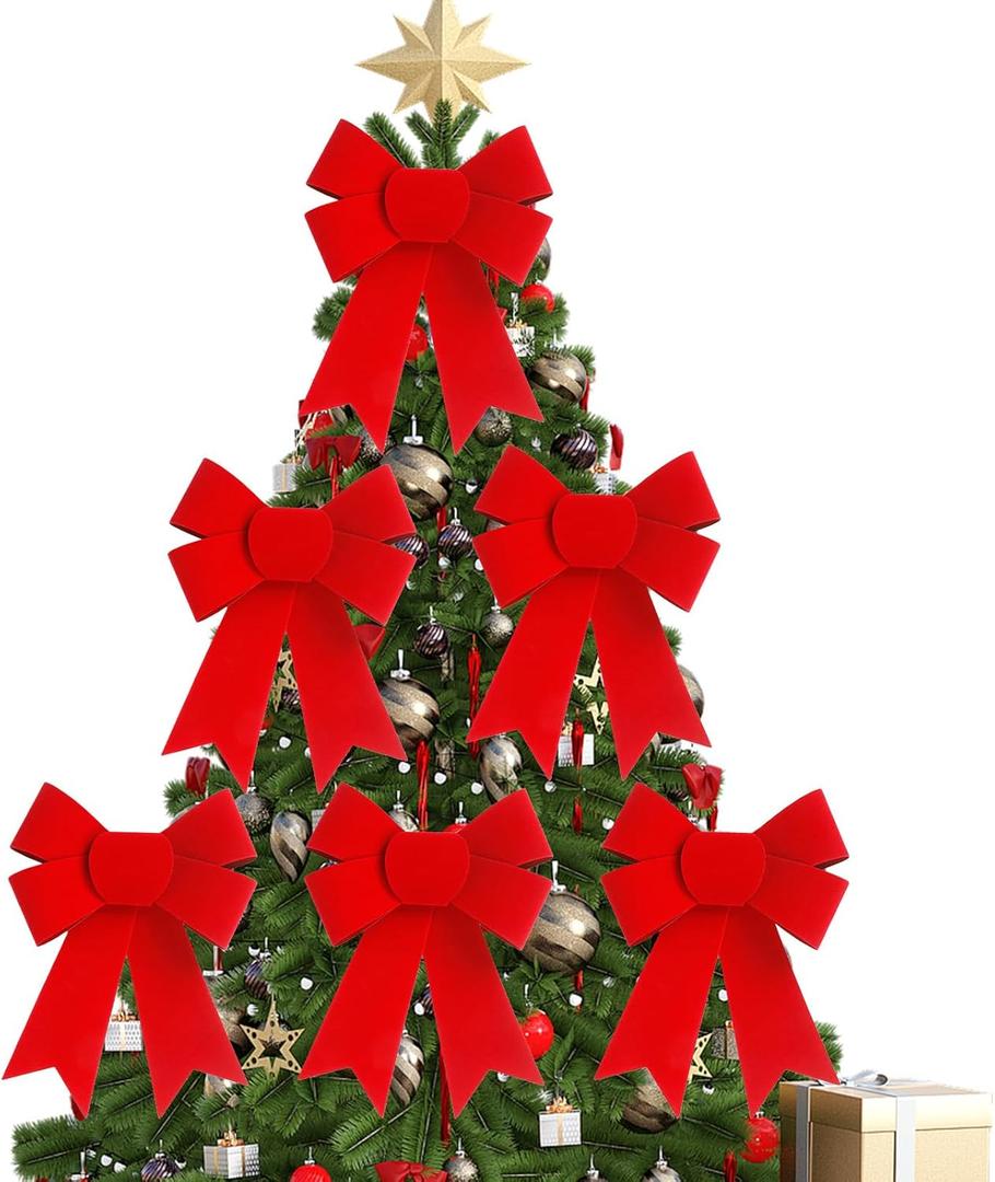 6 PCS Red Velvet Bows for Christmas Tree (9x12 Inches) - PVC Hanging Xmas Tree Decorations, Indoor Outdoor Xmas Decor for Home Party, Wreath, Fence, Fireplace & Stairs Railing (Red 1, 6 Pcs)