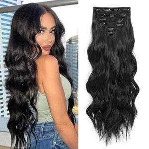 Fliace Clip in Hair Extensions, 6 PCS Natural & Soft Hair & Blends Well Hair Extensions, Dark Brown Long Wavy Hairpieces(24inch, 6pcs, Natural Black)