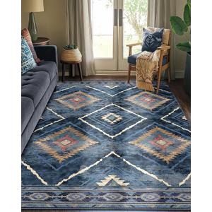 Area Rug 6x9 Rug Machine Washable Non-Slip Low Pile Print Pattern Western Rug for Living Room Bedroom Entryway Tribal Series -Darkblue