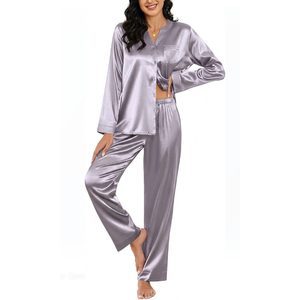 Ekouaer Womens 2 Piece Silk Satin Pajama Set Long Sleeve Lounge Sets Button Down Shirts and Pants PJs Soft Sleepwear Sets Light Grey M