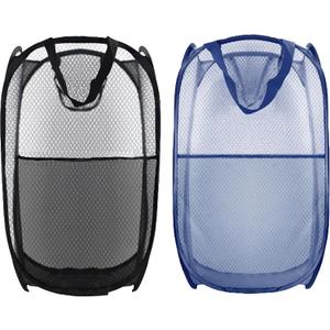 Buyongwant Collapsible Pop Up Laundry Hamper, Extra Large Mesh Foldable Laundry Basket Bag, 28" x 16" x 16", 2 Pack (Black + Blue)