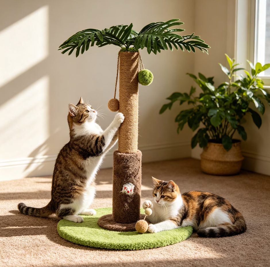 Palm Tree Cat Scratching Post,Cat Tree With Leaves,23" Tall Vertical Cat Scratching Post Tall,Scratcher Post Sisal Rope Wrapped Coconuts Tre Cats Climbing Tower With Hanging Toys.