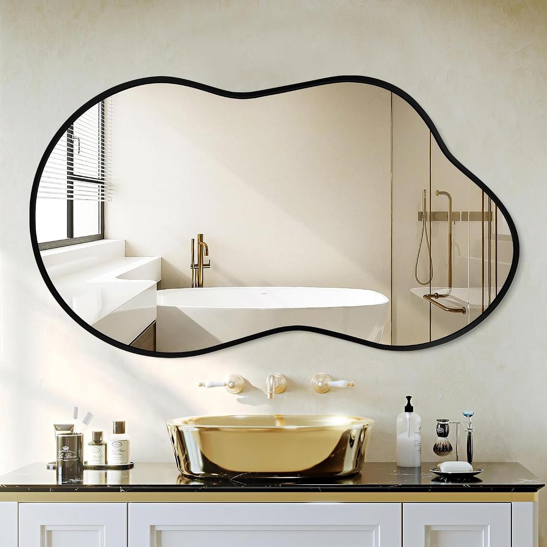 Dorlicecass Irregular Wall Mirror - Wall Mirrors Decorative 20"x36" Black Asymmetrical Mirror Tempered Glass Aviation Aluminum Alloy Frame for Bathroom, Bedroom, Living Room, Cloakroom, Entryway
