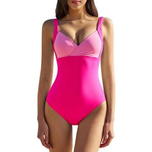 QINSEN Womens Sexy V Neck One Piece Bathing Suit Color Block Swimsuit High Waist Monokini (Pink, M)
