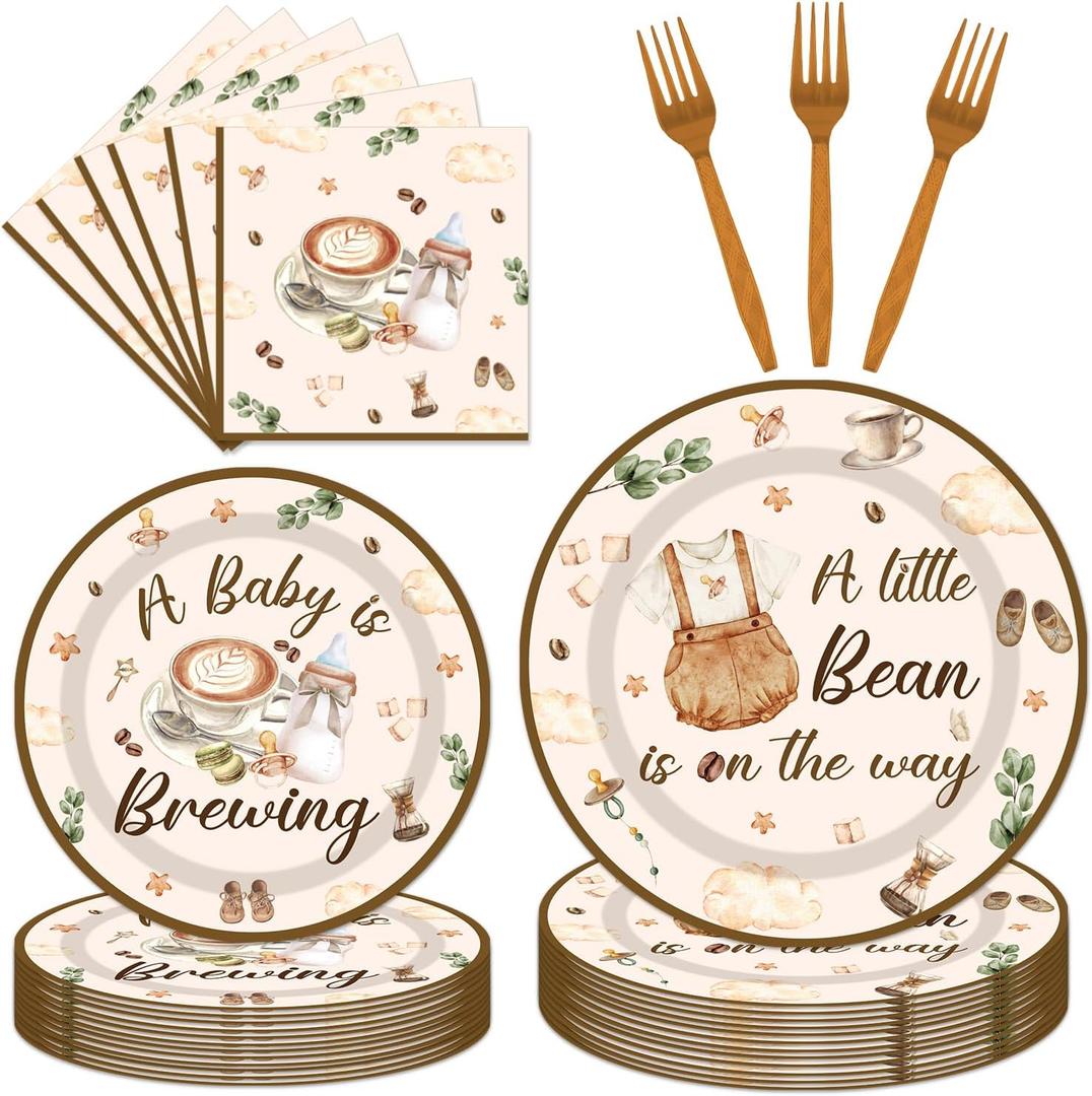 96Pcs Coffee Theme Baby Shower Tableware Set - Coffee A Baby Is Brewing Paper Plates Napkins Forks A litte Bean Is On The Way Gender Reveal Party Supplies Serve 24 Guests