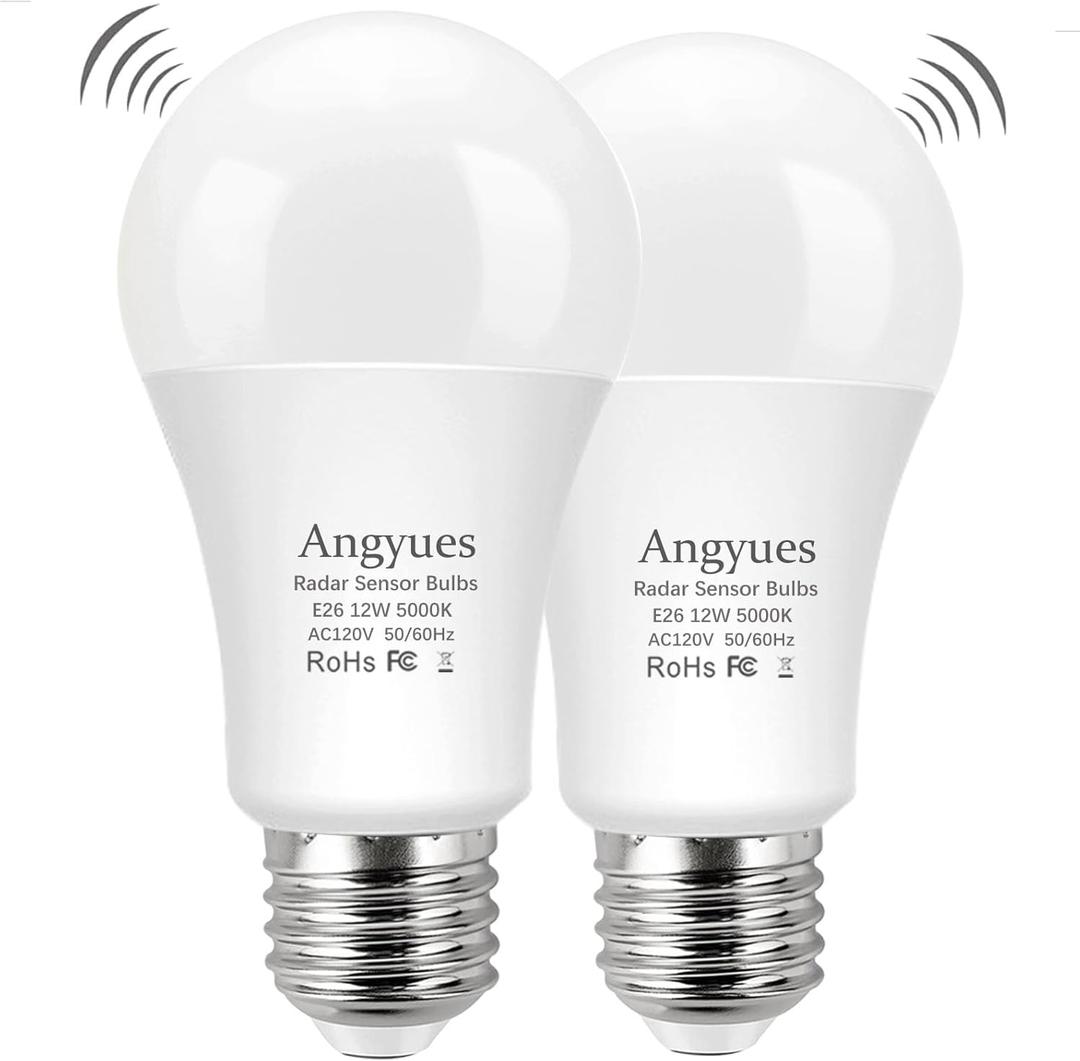 Radar Motion Sensor Light Bulb, Adjustable Detection Range 12W (100 Watt Equivalent) A19 Motion Sensing Outdoor Bulb Auto-Activated Dusk to Dawn LED Bulb, Daylight 5000K E26 1100LM, 2Pack