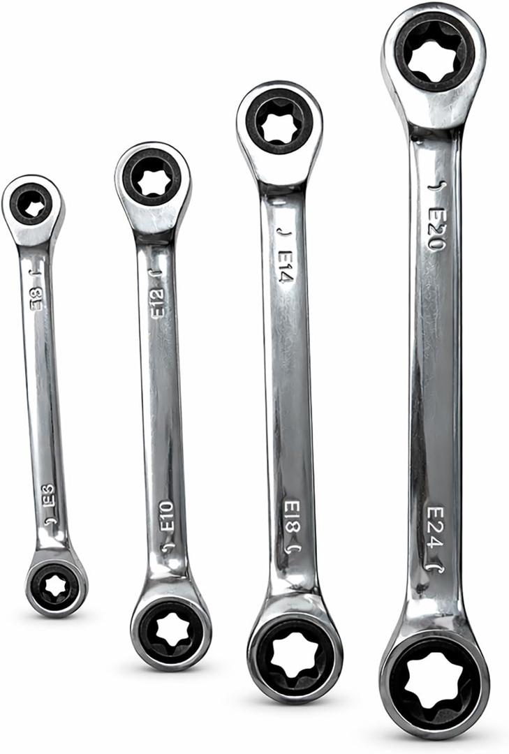 E-Torx Double Box Ratcheting Wrench Set, 4 Sets 72-Tooth Dual Head E6 E8 E10 E12 E14 E18 E20 and E24 Professional Automotive & Mechanical Repair (Ratcheting)