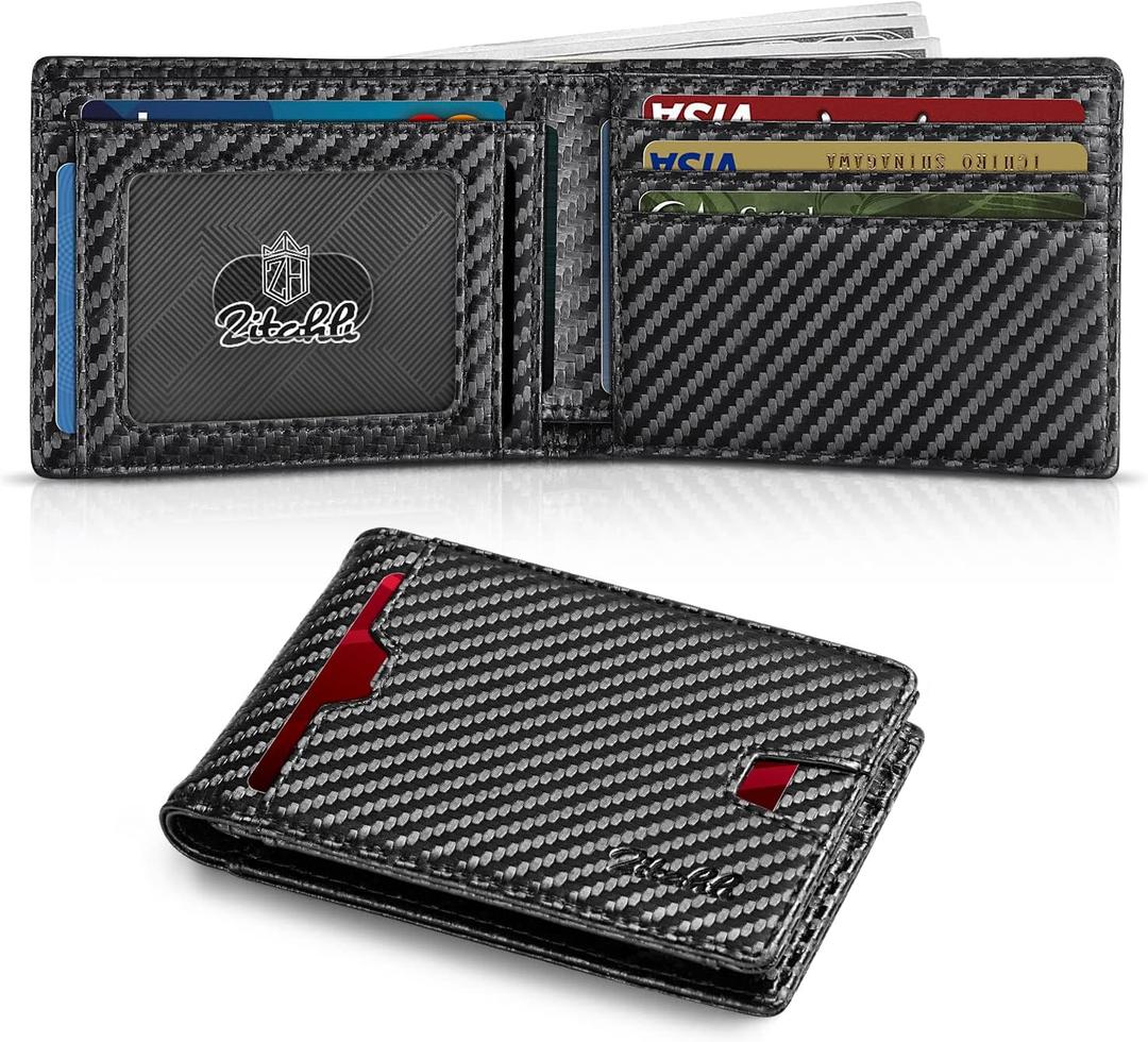Zitahli Mens-Wallet-Slim-Leather-RFID Blocking Wallet for Men Minimalist Bifold Credit Card Holder with Gift Box (Carbon Black New)
