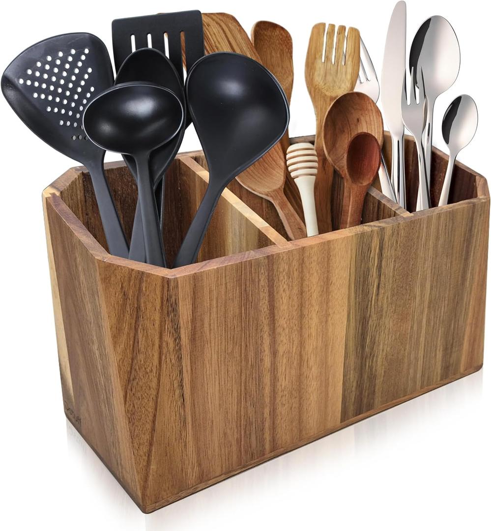 Large Kitchen Utensil Holder for Countertop  Acacia Wood Utensil Organizer with 3 Compartments, Beveled Edges Design, Non-Slip Silicone Pads & Drain Hole  Rustic Farmhouse Utensil Caddy Crock
