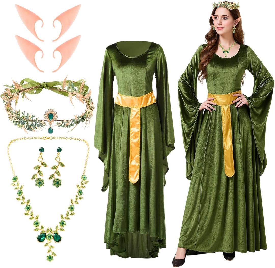 Mepase Women Fairy Renaissance Dress Costume Set Carnival Medieval Outfit with Elf Ear Necklace Earring Masquerade Cosplay (Green)