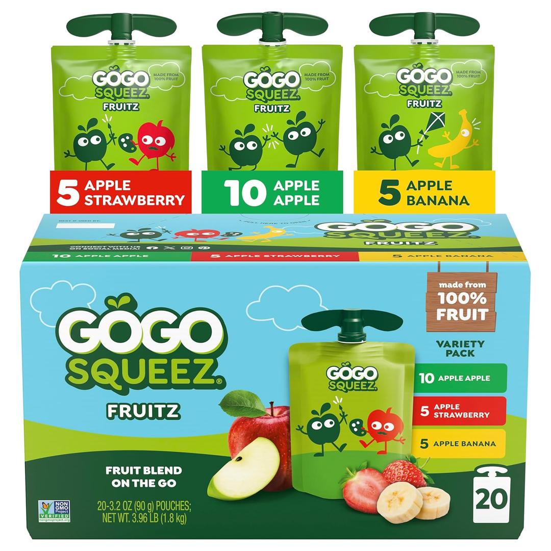 GoGo squeeZ No Sugar Added Applesauce and Fruit Puree Variety Pack, Apple, Banana & Strawberry, 3.2 oz Pouches (Pack of 20), Fruit Snacks for Kids, Gluten Free, Nut Free, Recloseable Cap, BPA Free (EXP 09/07/26)