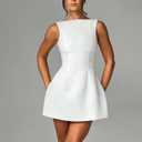Women's Sexy Sleeveless Boat Neck A-Line Backless Mini Dress Formal Graduation Wedding Club Party Short Dresses, White, Medium