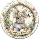 Easter Wreaths,SWEKKE Easter Wreath for Front Door, Wooden Easter Bunny Egg Decor Door Sign Wreath 12 Inch, Easter Welcome Door Sign Happy Easter Decorations, Easter Flower Rabbit Welcome Door Sign (Green,gray)