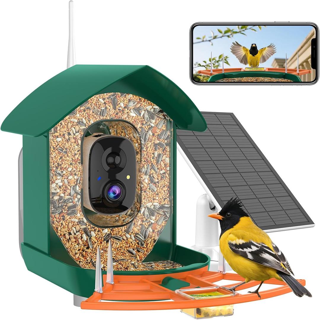 Bird Feeder with Camera,WiFi Smart Bird House with Cam Solar Powered
AI Identify,App Notification,Night Vision,2K Live View,Auto Record Video,Outdoor Birdwatching Gifts for Family,Birds Lover
