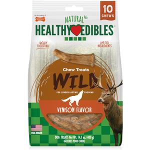 Nylabone Healthy Edibles WILD Natural Dog Chew Treats for Large Dogs, Long Lasting Dog Healthy Chew Antler Bone Made in USA, Venison Flavor, For Dogs Up to 50 lbs. (10 Count) (EXP 02/16/29)