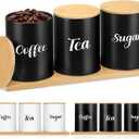 Coffee Tea Sugar Container Set with Tray, Set of 3 Airtight Metal Canister with Bamboo Lids, Farmhouse Kitchen Counter Organizer for Coffee Bar and Drink Station (Black)