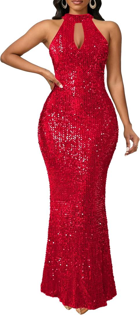 VERWIN Sleeveless Halter Neck Sparkly Casual Party Cocktail Evening Bodycon Mermaid Maxi Sequins Dress (Red, S)