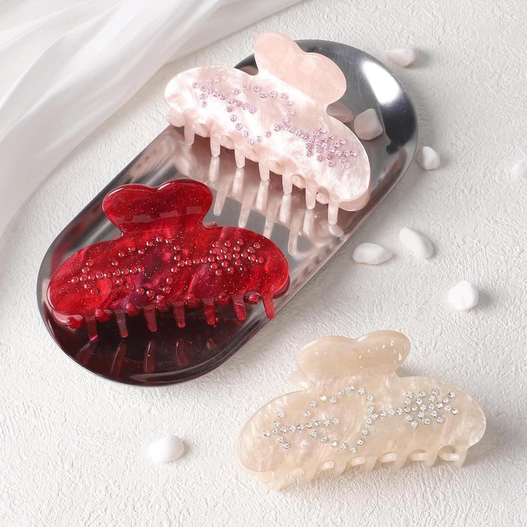 HAIMEIKANG 3 PCs Acrylic Rhinestone Hair Claw Clips - Large Hair Clips Non-slip Banana Hair Barrettes Clips for Women Girls (Red+Pink+White)