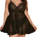 OYOANGLE Women's Plus Size 2 Piece Lace Sheer Open Front Underwire Chemise Nightdress with Panty Lingerie Set (XX-Large Plus, Black)