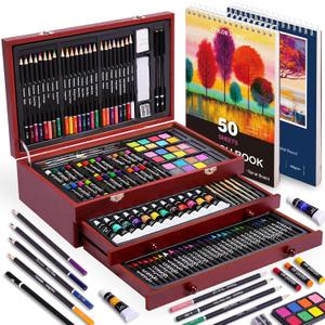 175 Piece Deluxe Art Set with 2 Drawing Pads, Acrylic Paints, Crayons, Colored Pencils, Paint Set in Wooden Case, Professional Art Kit, Art Supplies for Adults, Teens and Artist, WoodMuse Plus (Cherry)