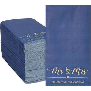 Sparkle and Bash Navy Blue Napkins for Wedding Reception with Gold Foil, Mr and Mrs (3-Ply, 4 x 8 In), Pack of 100 Mr Mrs Disposable Wedding Napkins For Reception