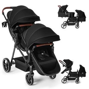 Double Stroller Newborn and Toddler, Foldable Tandem Twin Baby Travel Stroller, Reversible Seat, Adjustable Backrest, Storage Basket/Cup Holder, for 0-3 Kids, Black MFG 10/2025