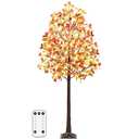 Remon 5FT Lighted Fall Tree - Artificial Fall Light Up Eucalyptus Tree with 130 Lights, 390 Leaves, Remote 8 Flashing Modes, Timing for Thanksgiving Autumn Harvest Indoor Outdoor Decorations