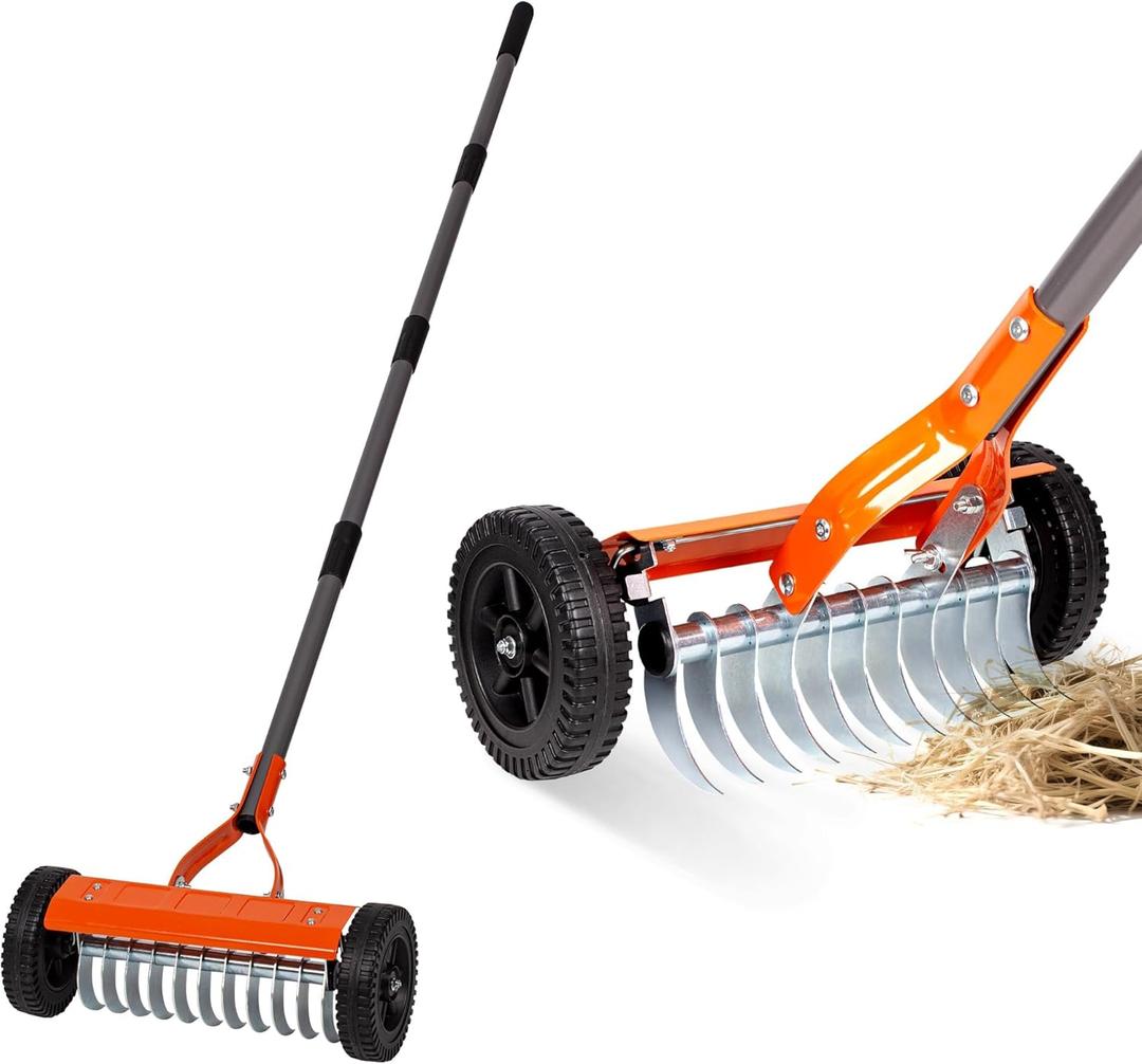 Walensee Dethatching Roller Rake with 76.8'' Adjustable Handle, Lawn Dethatcher Rake with 2mm Stainless Steel Blades,Thatch Remover, Soil Aerator & Loosening Tool for Moss, Leaves, Yard Lawn Care