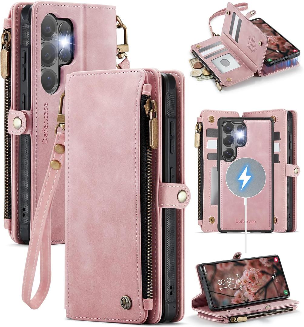Defencase for Samsung Galaxy S26 Ultra Magnetic Wallet Case Compatible with Magsafe with RFID Blocking Zipper & Card Holder Women, PU Leather Detachable Phone Case for Galaxy S26 Ultra 6.9", Rose Pink