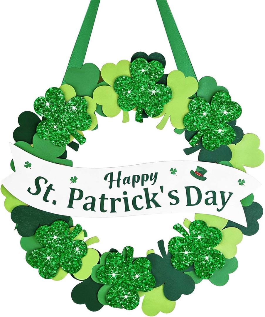 12.6 Inch St Patricks Day Wreath for Front Door, Wooden Shamrock Wreath with 3D Layered Design, St Patricks Day Indoor Outdoor Home Wall Decorations for Irish Party