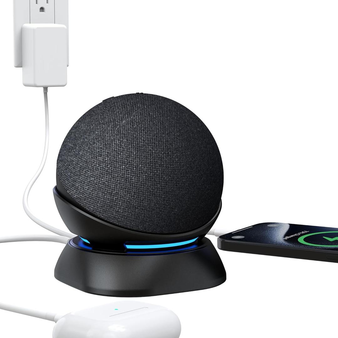 PlusAcc Stand for Dot 5th/4th Generation with USB-C and USB-A Charging Ports, Table Holder Base for Charge Cellphones and Earbuds, Non-Slip Base (Black)