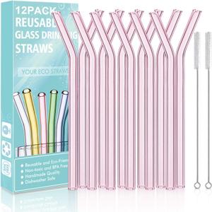 Reusable Bent Glass Drinking Straws,Set of 12 Bent Straws With 2 Cleaning Brushes,Shatter Resistant,Non-Toxic,Eco Friendly Reusable Straws (Pink 12 Pack)
