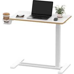 SANODESK Medical Adjustable Overbed Bedside Table with Hidden Casters, Pneumatic Mobile Laptop Computer Standing Desk Cart with Tray, Hospital and Home Use(27.6" W x 15.7" D, White) (Small)
