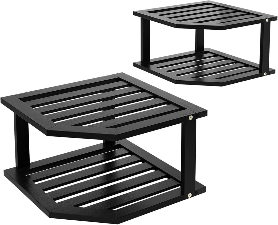 VERTORGAN Bamboo Corner Shelf(2 Pack),2 Tier Plate Organizer for Cabinet and Countertop,Pantry Dish and Spice Rack for Kitchen(Black)