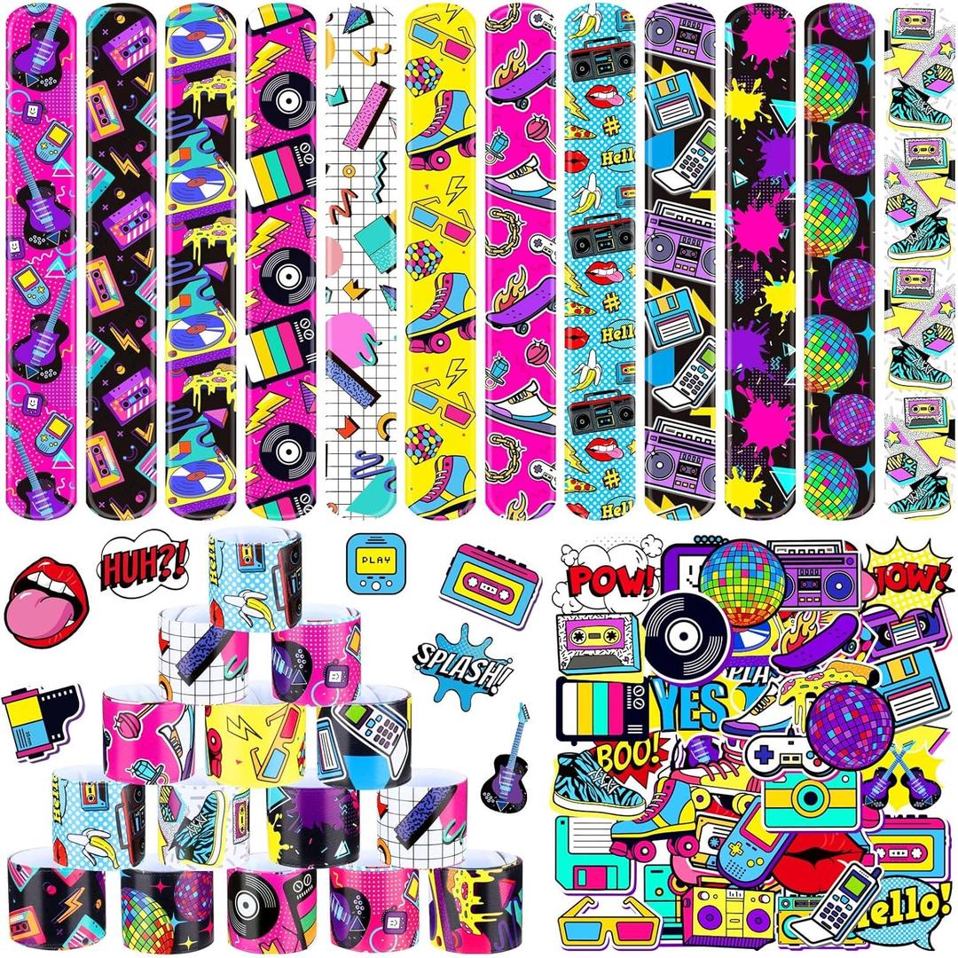 Sinmoe 86 Pcs 80s 90s Party Favors Slap Bracelets Bulk Back to 80s Throwback Theme Party Favors Snap Bracelets with Retro Stickers for Adults Decorations