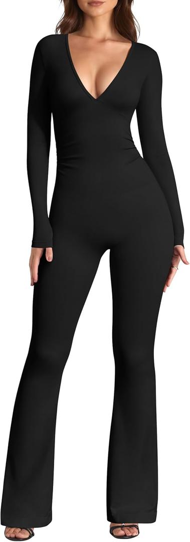 OQQ Women Jumpsuits Long Sleeve Deep V Neck Ruched Flared Jumpsuit (X-Large, Black)