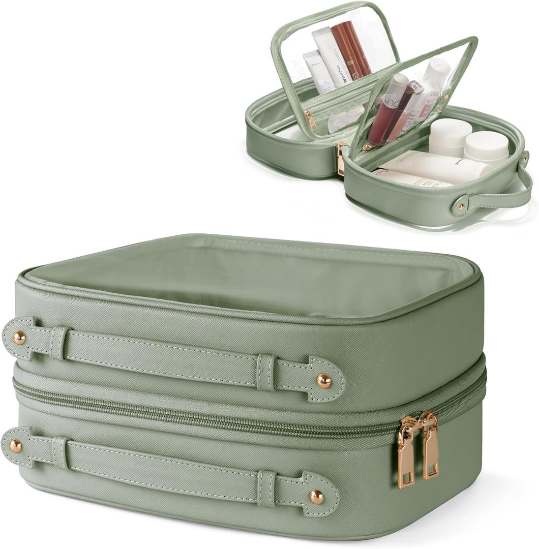 Clear Cosmetic Bag Double Layer Clear Makeup Bag Case with Zipper Transparent Travel Bag for Toiletries, TSA Approved Toiletry Bag for Car, Travel Essentials for Women (Sage Green, L)
