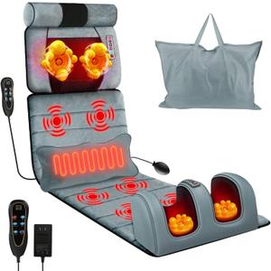 Full Body Massage Mat with Heat, Vibration Massage Pad with Detachable Shiatsu Neck Massager & Foot Massager, Inflatable Head Pillow and Lumbar Pillow, 10 Vibration Motors 3 Timers Gift for Parents