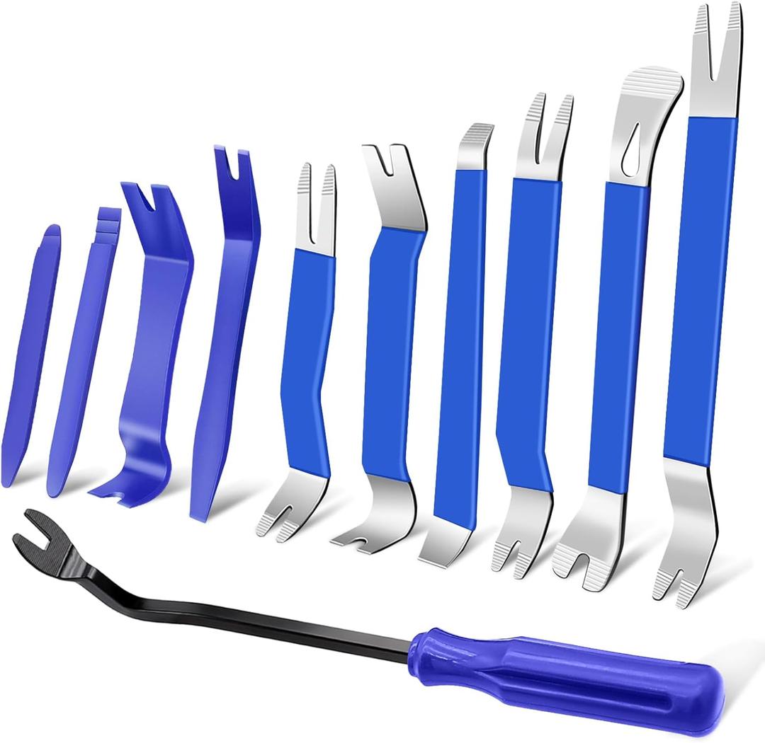 11 PCS AutoTrim Removal Tool Kit, Metal Pry Tool Auto Fastener Remover Pry Bar Set Trim Remover Kits for Vehicle Door Panel, Audio Radio Panel, Dashboard Repair Kit Blue
