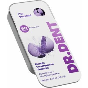 DR.DENT Purple Toothpaste Tablets with 10% Hydroxyapatite, Pap & Xylitol, Color-Correcting *Whitening Formula, Fluoride-Free, SLS-Free, Vegan, 45-Day Supply (90 Chewable Tablets)