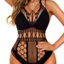 RSLOVE Lingerie for Women Sexy Lace Bodysuit Fishnet Teddy One Piece Deep V Mesh Babydoll (Black)