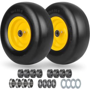 13x5.00-6 Flat Free Lawn Mower Tire and Wheel, Smooth Tread Tire for Lawnmower, Installed 3/4" Bearing with Extra 5/8" Bearing, 3.25"-5.9" Centered Hub, 2 PCS